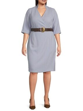 NWT Donna Karan Plus Size Cady Crepe Sheath Dress Size 24W V Neck Belted